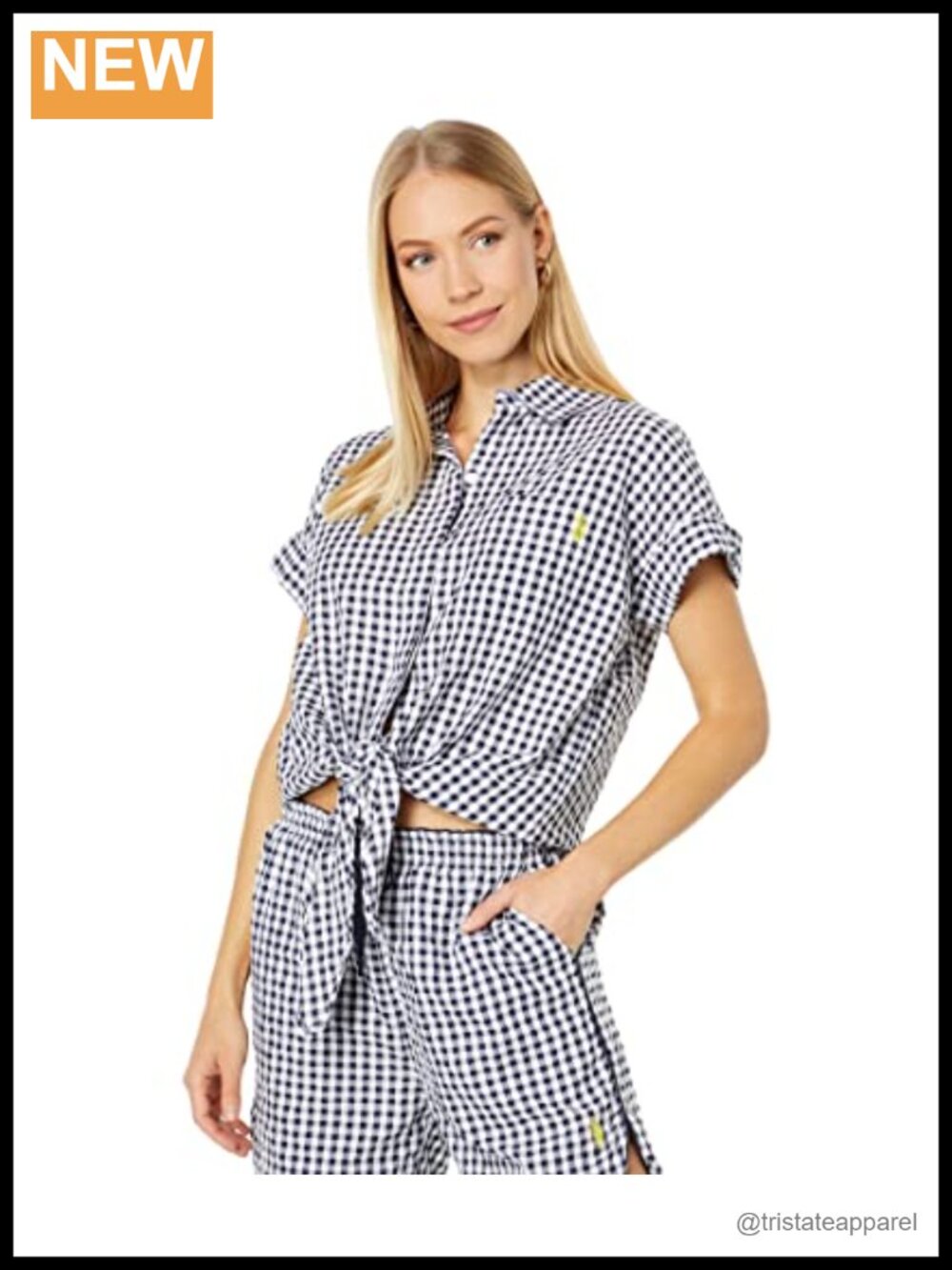 Tie Front Camp Shirt Pointy Collar Short Sleeve Patch Pocket Cotton Blouse